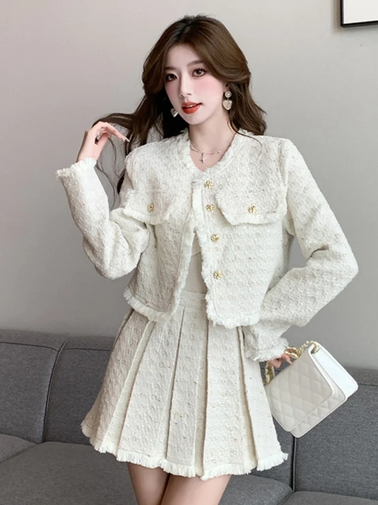 Korean Fashion Tweed 2 Two Piece Set Women Outfits Autumn Winter Crop Top Jacket Coat +tassel Mini Pleated Skirt Suits Elegant