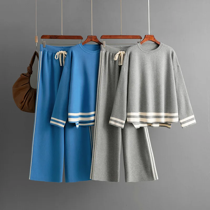 

Fashion Women Autumn Winter Knitted Round Neck Loose Pullover Sweater + Wide Leg Pants Two-Piece Set