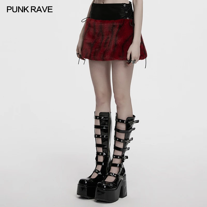 PUNK RAVE Women's Faux Leather & Soft Tie -dye Woollen Flame Tie-dyed Fur Skirt Low Waist A-line Personalization Short Skirts