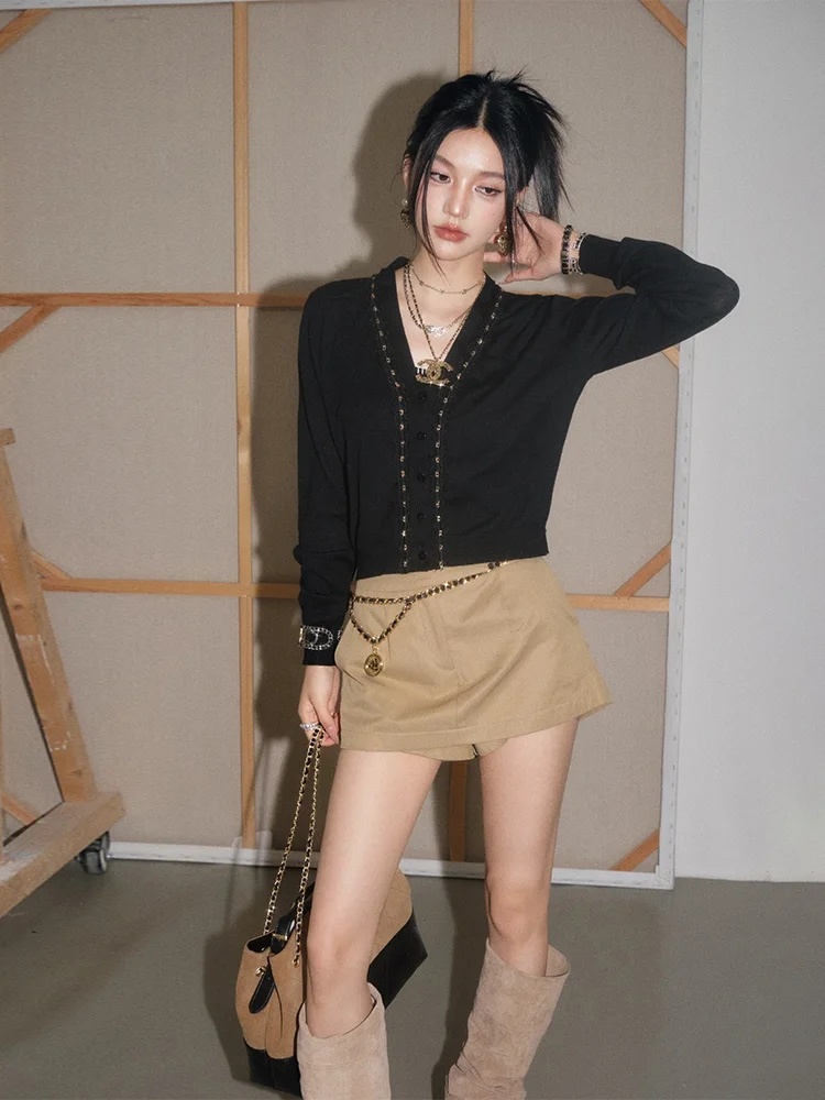 

Olivia Duo Bla Lace Trim V-Ne Knitwear Long Sve Simple Sle Women's Top Commute Friendly Polyester Fiber T-irt