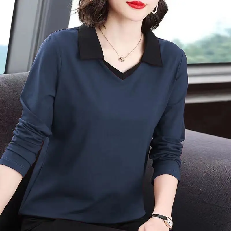 Wiosna Jesień Polo Neck Plus Size Casual Tops Long Sleeve Youth Contrast Loose Office T Shirts Vintage Fashion Women Clothing