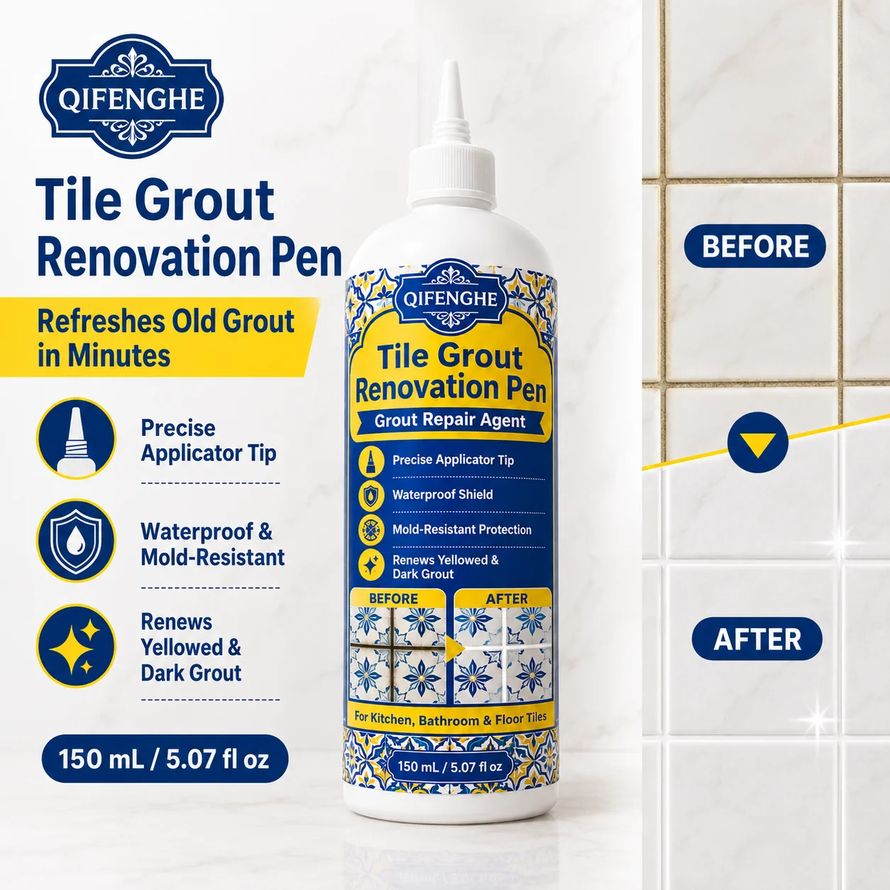 Quick Grout Refresher Pen, 150ml Bathroom Kitchen Tile Gap Whitener, Waterproof Mold Proof Tile Sealer Pen, Restore Yellow/Dirty