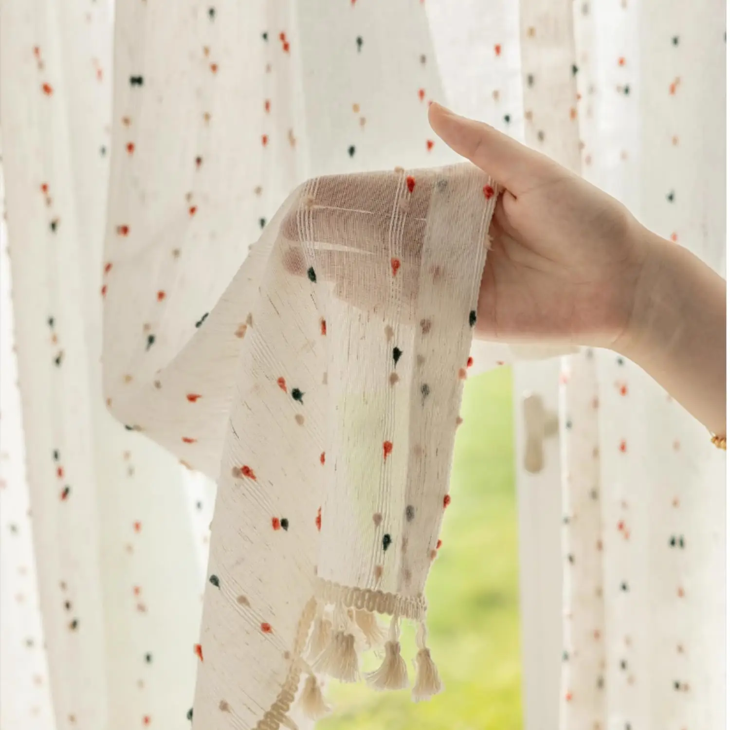 BUYNOW 1pc Rainbow Dots Cute Charming Tassel Curtain Bohemia Living Room Bedroom Dining Room Ins Home Fabric Short Curtain Decor