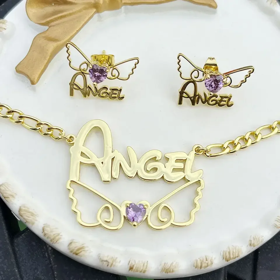 

Lulu's Angel Wings Custom Name 2pcs Jewelry Set for Girls Heart Birthstone Zircon Nameplate Necklace Earrings Studs Gift