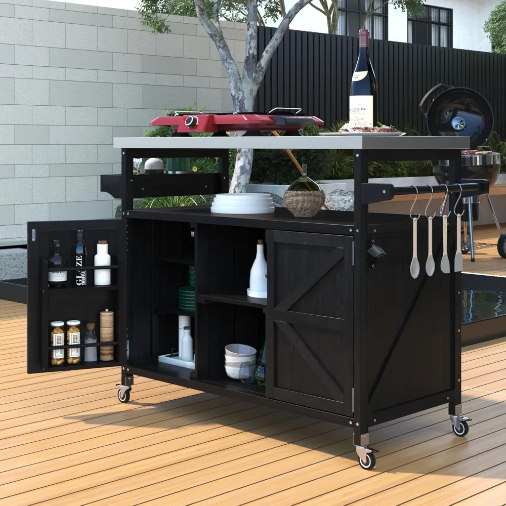 

Outdoor Kitchen Island, Rolling Bar Cart & Storage Cabinet, Farmhouse Solid Wood Outdoor Grill Table