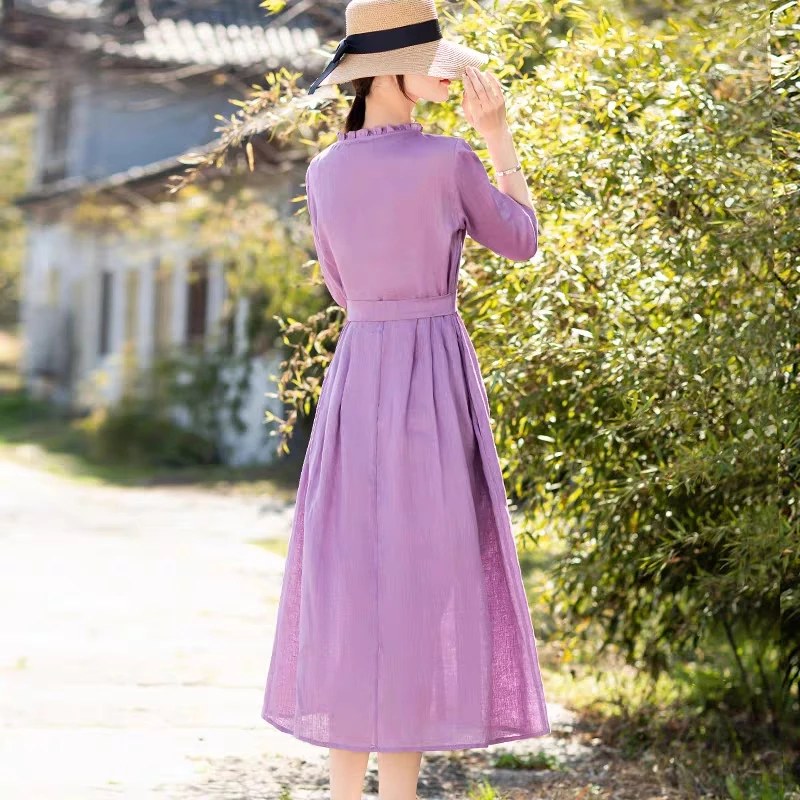 Ele Cotton Lin ort Sve Dr تنورة نسائية طويلة بحزام عالي الخصر لربيع وصيف Faion Lady Sle Midi Dr #5