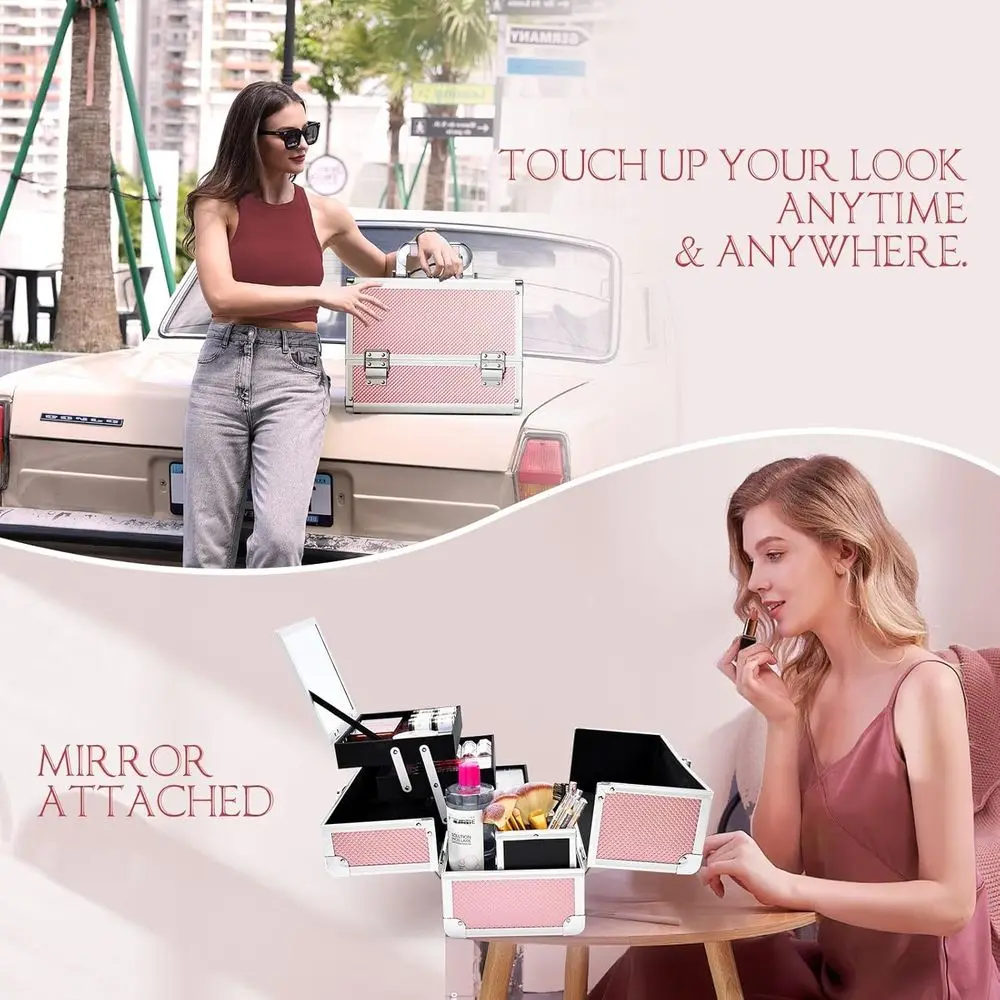 Trousse de maquillage portable rose sirène avec 3 niveaux, miroir, porte-brosse, verrouillable et clé, organisateur de bijoux 11.8 pour voyage