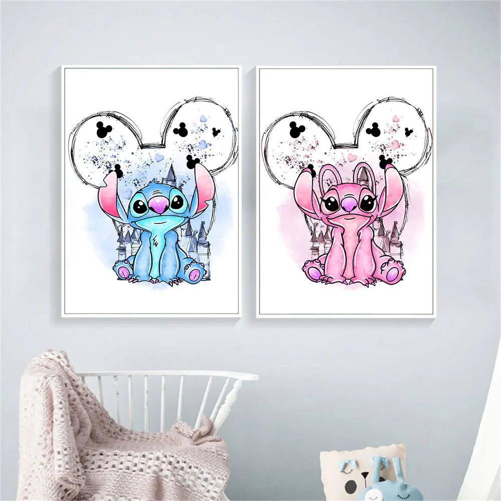

MINISO Disney Watercolor Watercolor Stitch Canvas Poster Lilo and Stitch Stitch and Angels Children's Room Decoration 2 Prints