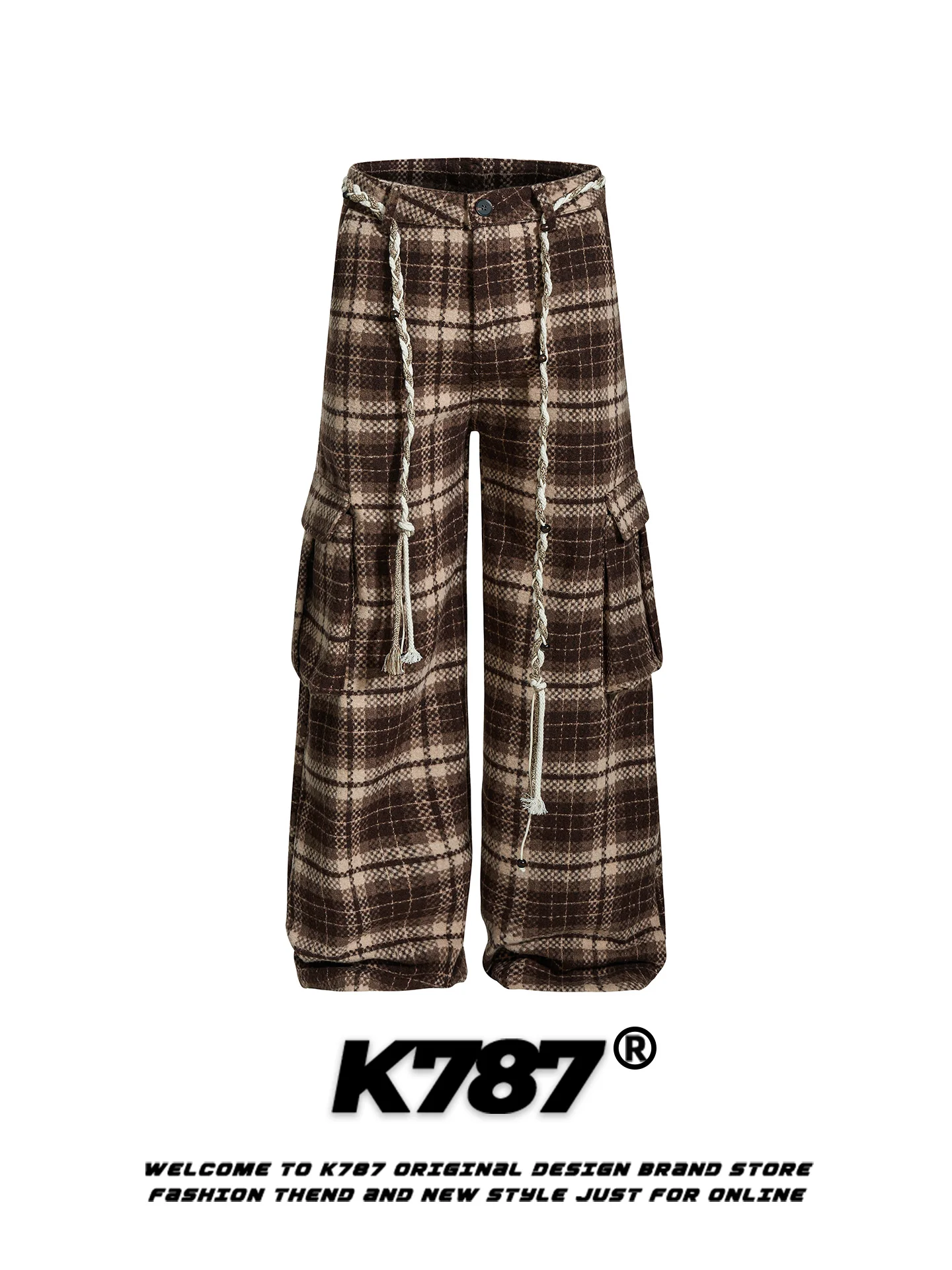 

Американские ретро-брюки в клетку с множеством карманов и шнурком на талии, женские, свободные, шикарные, повседневные, прямые, широкие, длинные брюки