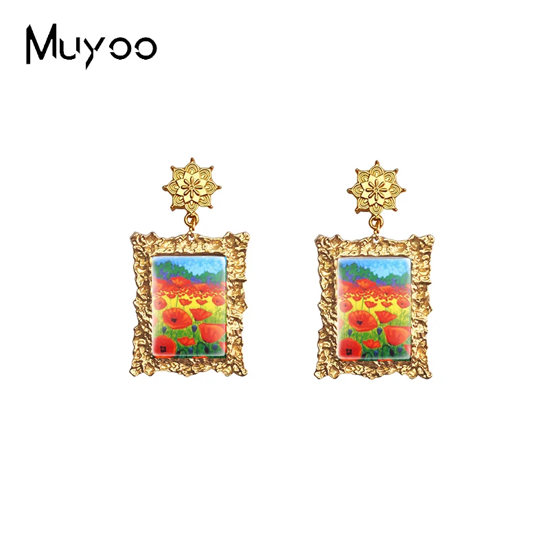 New Vintage Drop Earrings Red Poppies Flowers Paintings Handcraft Retro Mandala Jewelry Rectangle Glass Cabochon Dangles