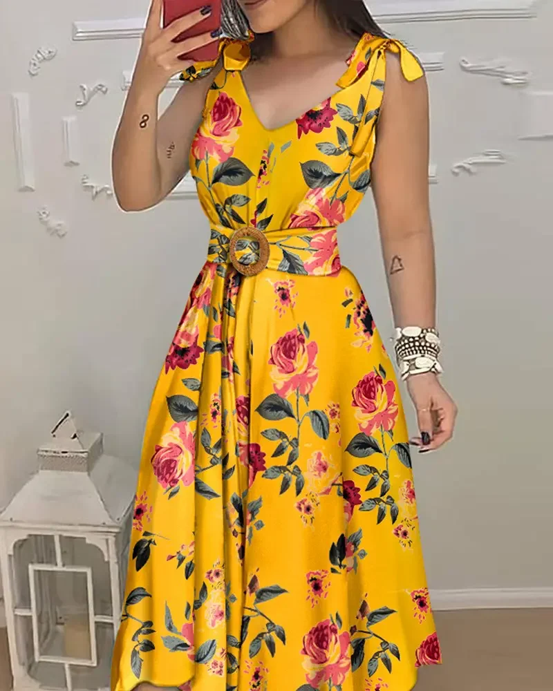 Impressão floral amarrado detalhe com cinto design maxi vestido