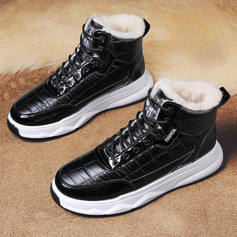 

Warm Fleece Lined Thickened Men's Winter High Top Lace Up Cotton Snow Boots Youth Casual Versatile Korean Design Cold Proof