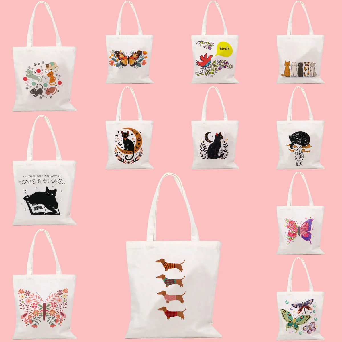 

Милые сумки-тоут с черным котом и бабочкой, повседневная портативная легкая сумка на плечо для покупок, большая многоразовая холщовая сумка для девочек