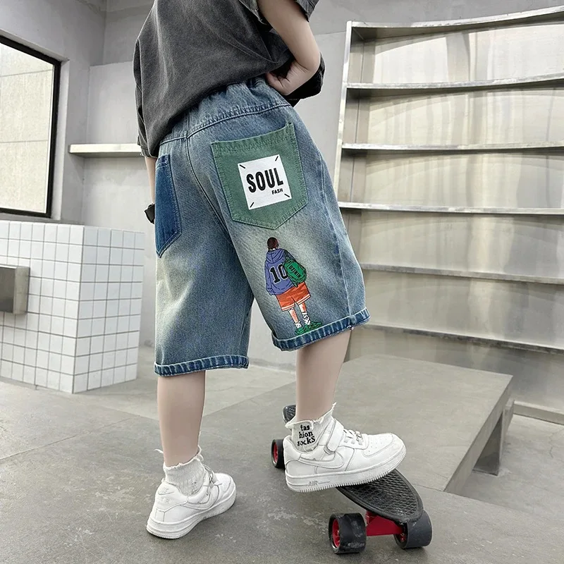 UNITIM Summer Kids Boys Shorts Thin Stickers Printed Junior Boys Denim Shorts 3-14Yrs Teens Boy Short Jeans Children Boys Shorts