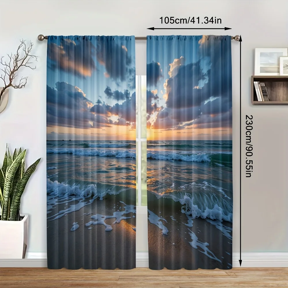 2pcs Tropical Beach Ocean Waves Curtains - Vibrant Sunset Print, Semi-Transparent Polyester, Machine Washable, Perfect for Bedro
