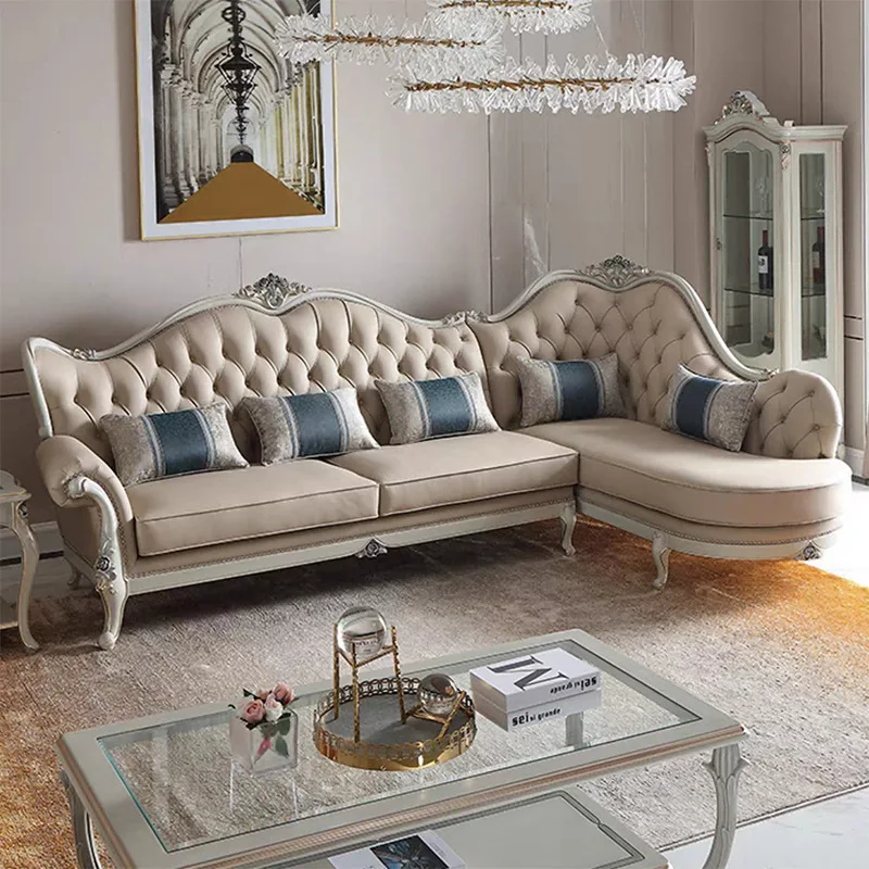 French light luxury leather solid wood carving flower corner sofa European villa high-end luxury first layer cowhide sofa