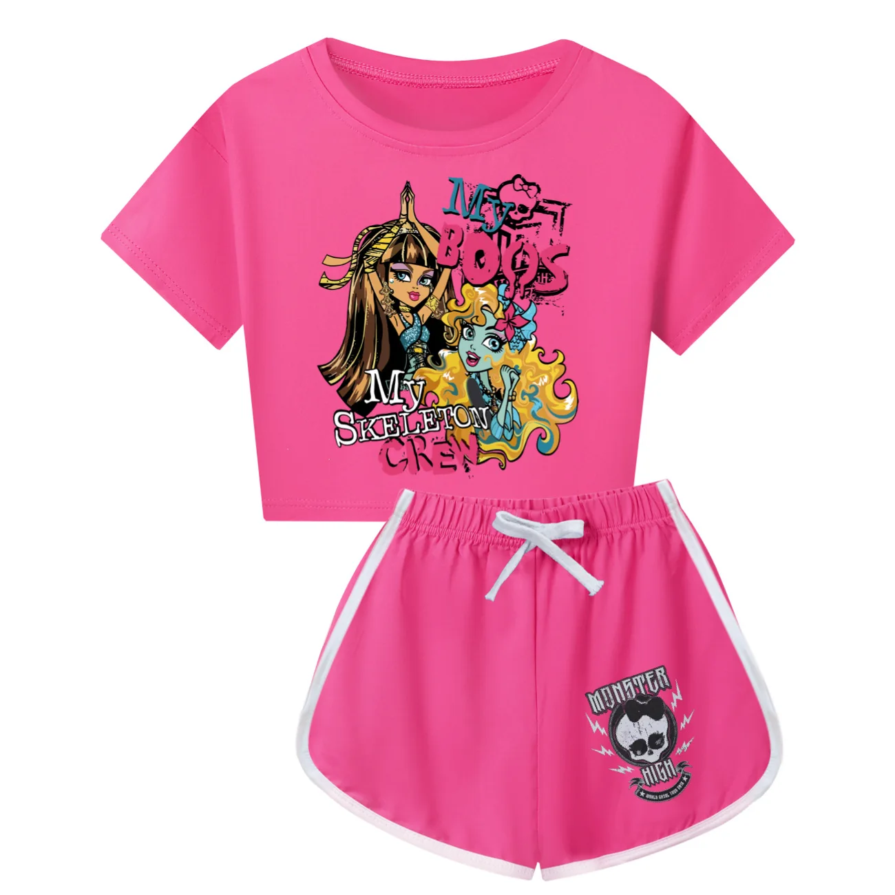 New Summer Monster High Clothes Cartoon Doll Frankie Stein Costume Girls Short Sleeve T Shirt+Shorts Set Kawaii Kids Pajamas Set