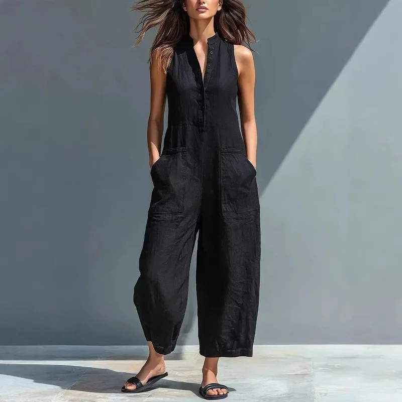 Cotton And Linen Jumpsuit Women Stand Collar Sleeveless Pocket High Waist Wide Legs Jumpsuits Casual Commuting Ladies Bodysuits