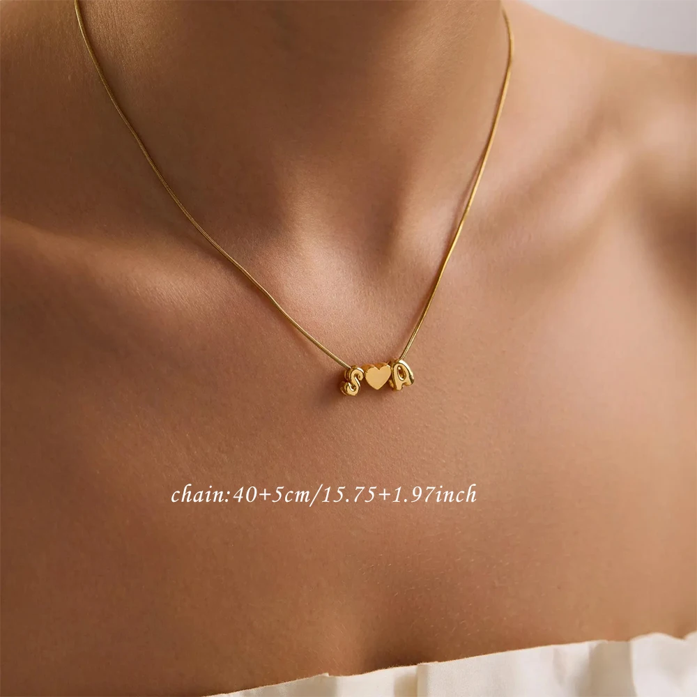 Custom Two Initial Name 3d Bubble Heart Necklace Stainless Steel Personalized Snake Chain Choker Women Dainty Jewelry Christmas view 3
