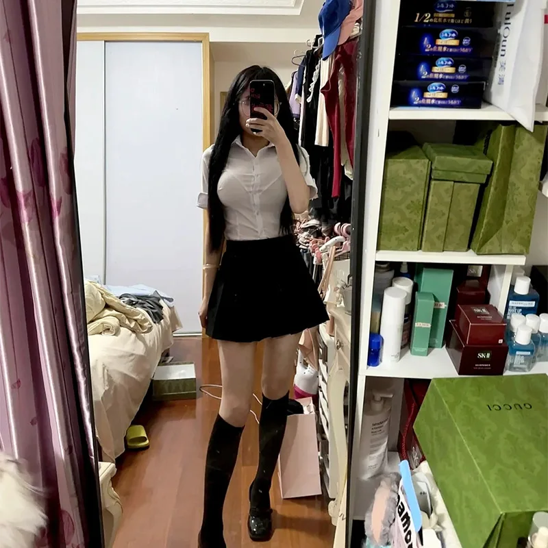 Women's White Long Sleeve Slimming Blouse Waist Defined Design College Style Top Soft Comfortable Base Layer for JK Uniform