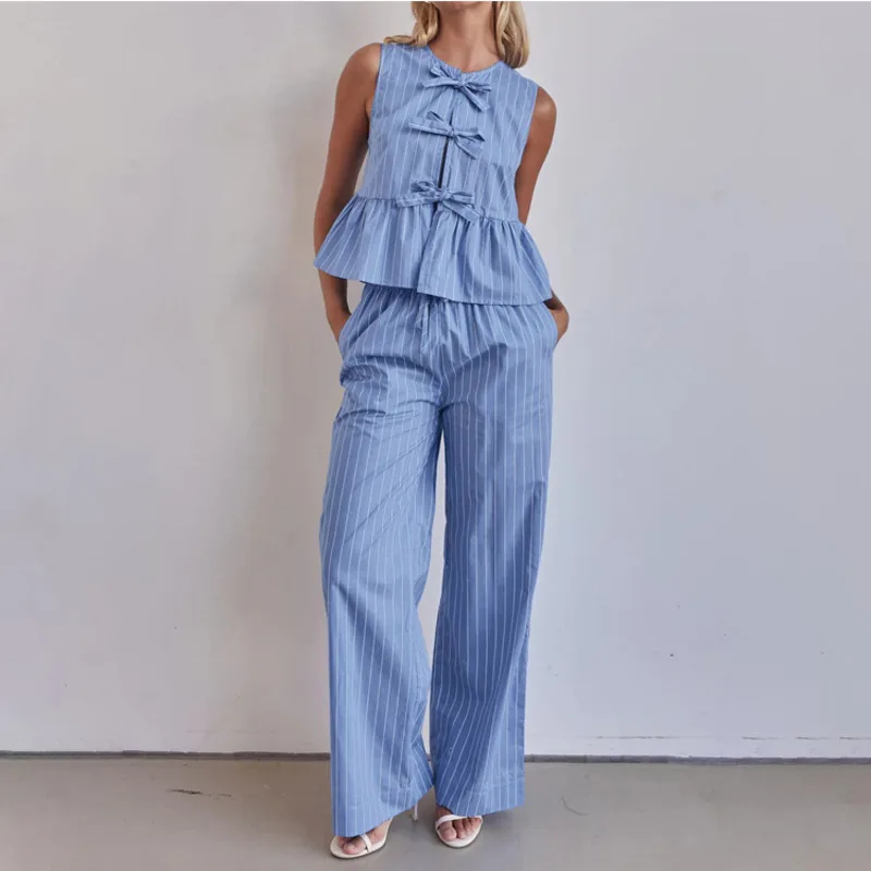 Stylish Striped Sleeveless Two Piece Set Elegant Round Neck Bow Sleeveless Blouse Casual Loose High Waisted Wide Leg Pants Suit