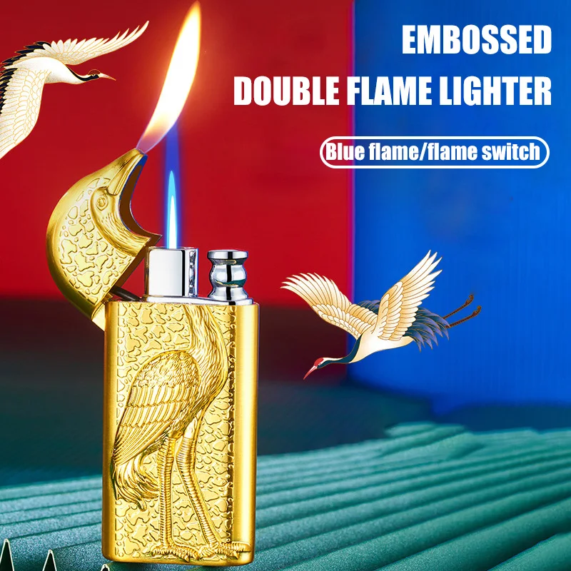 Embossed Dual Flame Inflatable Lighter Switching Flame Adjustable Flame Size Metal Body Gift Ignition Tool