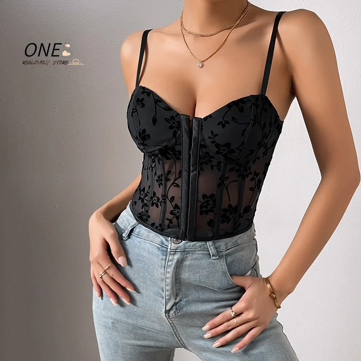 Women\'s Summer Corset Tops Sexy Front Buckle Floral Spaghetti Straps Mesh Bustier Top Cute Camisole Tank Tops Streetwear