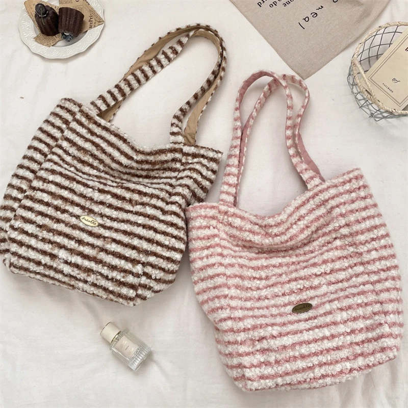 

Простые полоски, двусторонняя спинка, женские сумки на плечо из искусственной овечьей шерсти, универсальная женская сумка-тоут, женская сумка большой вместительности