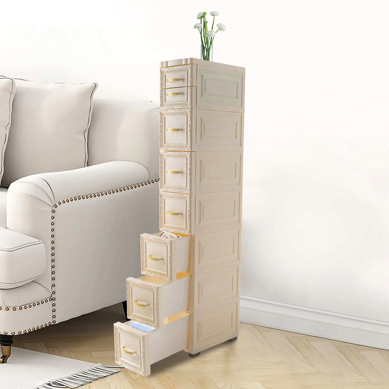 7-Tier Floor Cabinet Milky-white Plastic Storage Cabinet Large Capacity 8 Drawer Cabinet Home Furniture