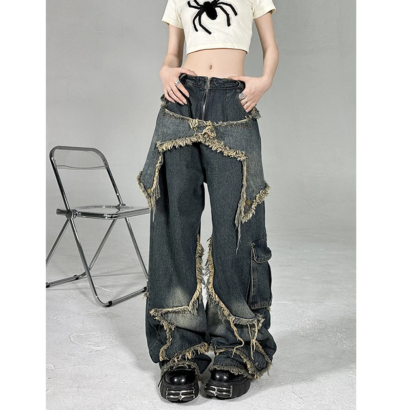 2026 New Arrival Spring Fashion Women Cotton Denim Pocket Patchwork Full Length Jeans Zipper Fly Waist Loose Wide Leg Jeans T121