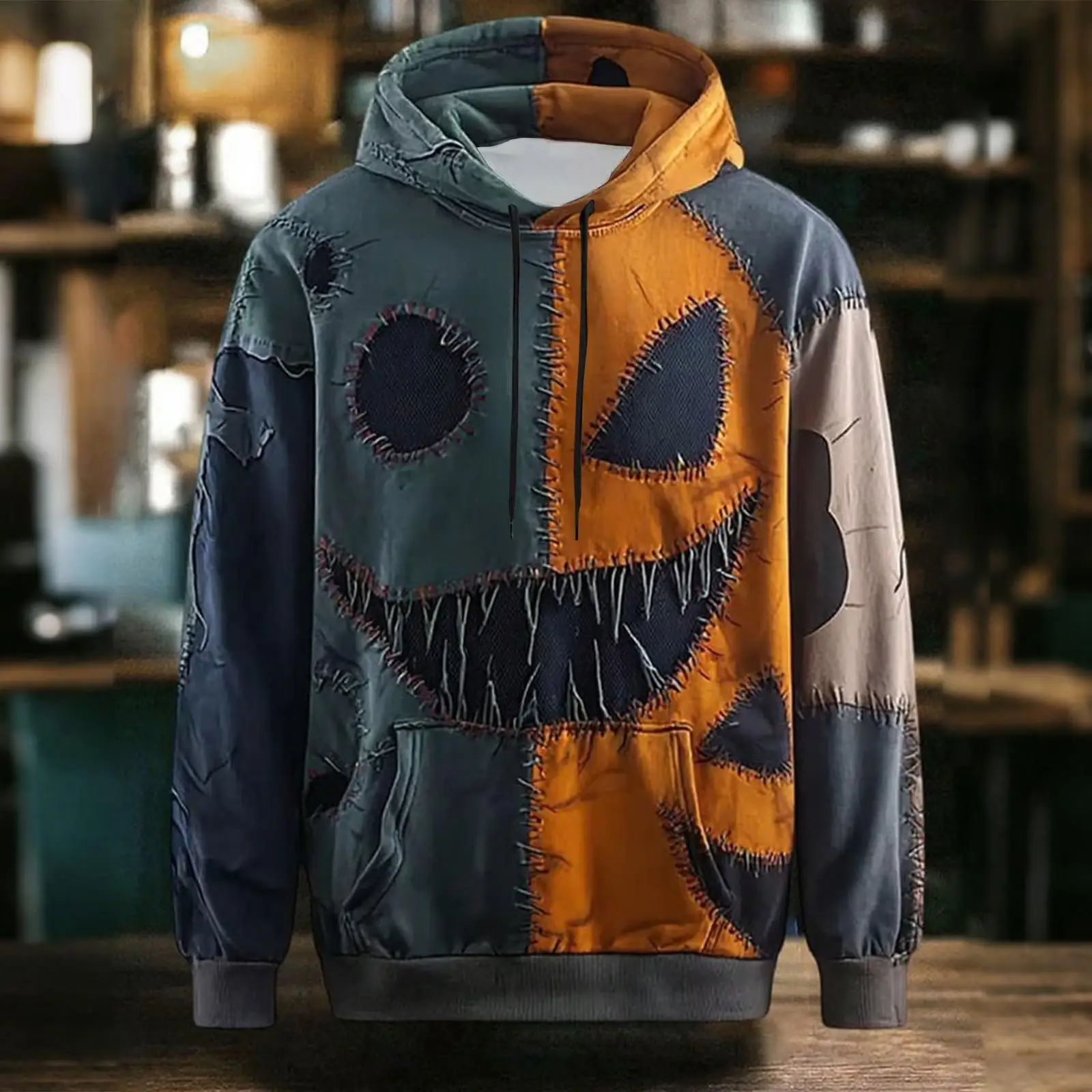Men Halloween Patchwork Pumpkin Face Hoodie Stitched Scary Grin Skull Graphic Pullover Streetwear Sweatshirt