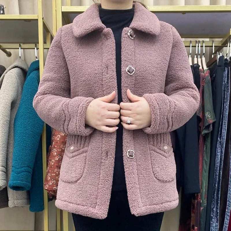 2023 New Winter New Imitation Lambswool Jacket Padded Thicke Velvet Solid Pocket Mother Lamb Fur Coat Women Parkas Outerwear 5XL