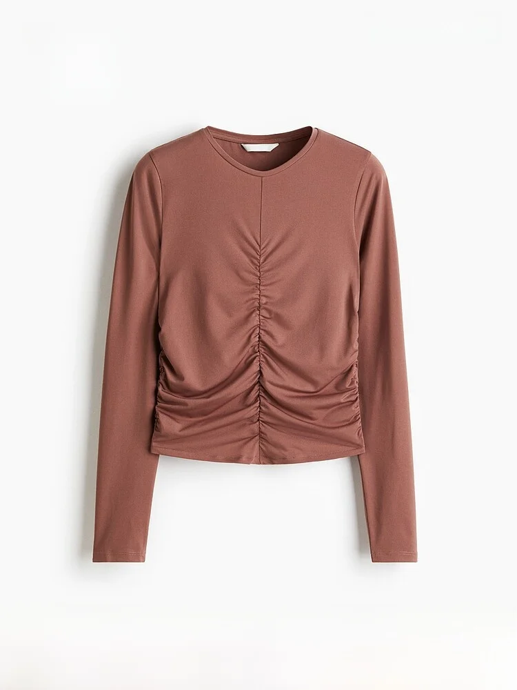 

Женская футболка H&M, летняя, с драпировкой, круглым вырезом, длинными рукавами, удобная, приталенная, из смеси полиэстера и спандекса, стандартный крой