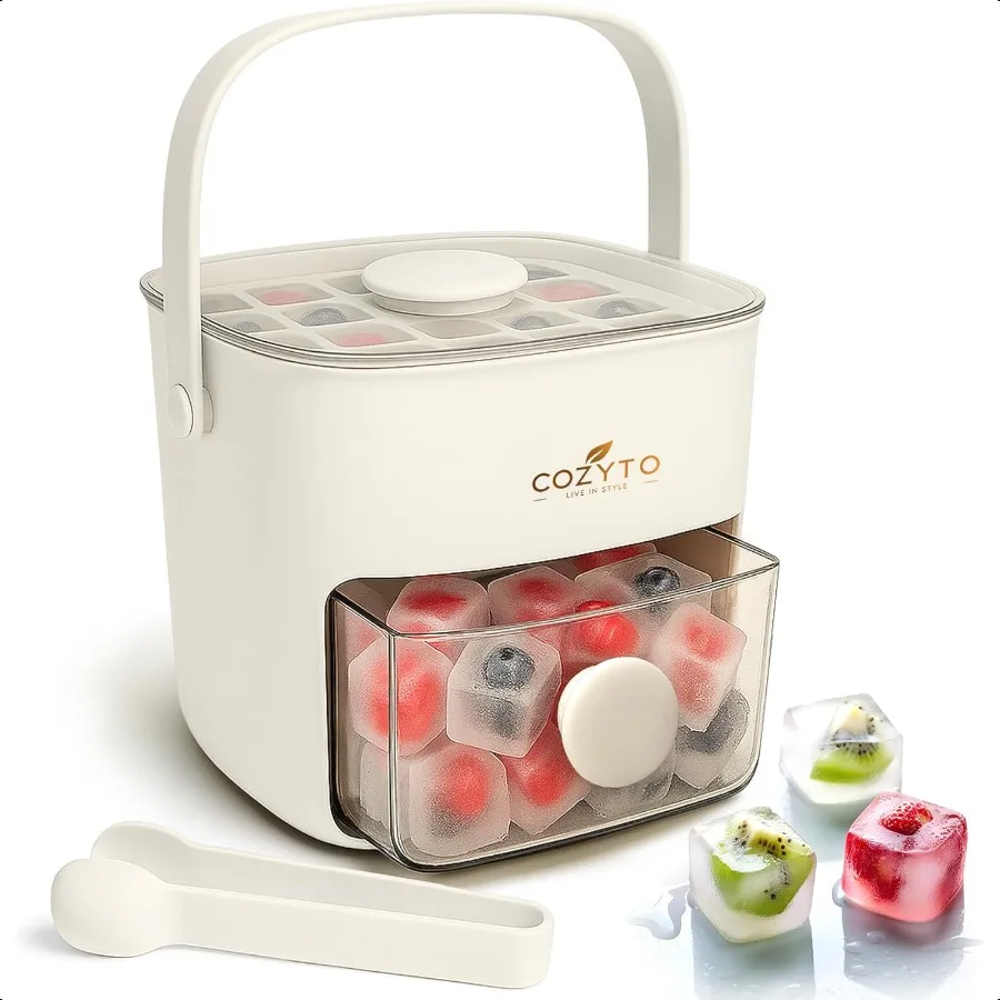 

COZYTO CubeGo Ice Cube Tray with Lid and Storage Bin OnePr Release 48 Mini Ice Cubes BPAFree OdorProof Includes Scoop DIY Fruit