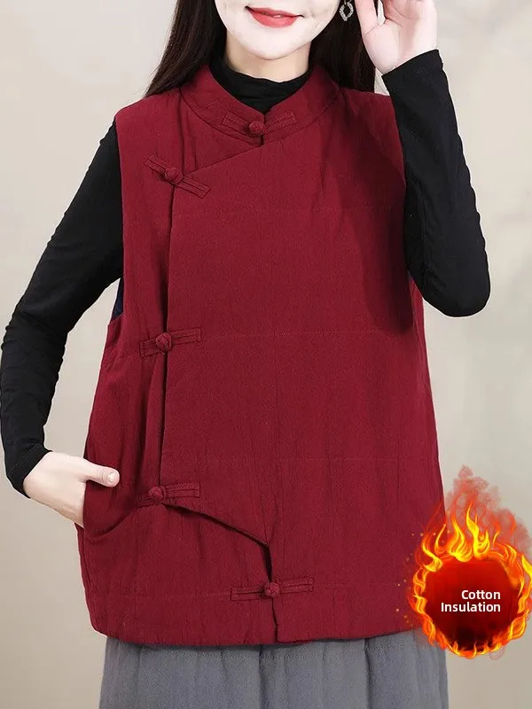 Warme Baumwollweste, große Größe, Damen-Faion, Retro-Farbe, Knopfleiste, Stehkragen, Svel-Mantel für Herbst und Winter