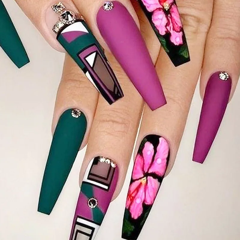 Flor de Cerejeira Padrão Geométrico Unhas Falsas Pressione Longos Desenhos Reutilizáveis Set Francês Artificial Kawaii Falso Tipsy Stick-on Tip