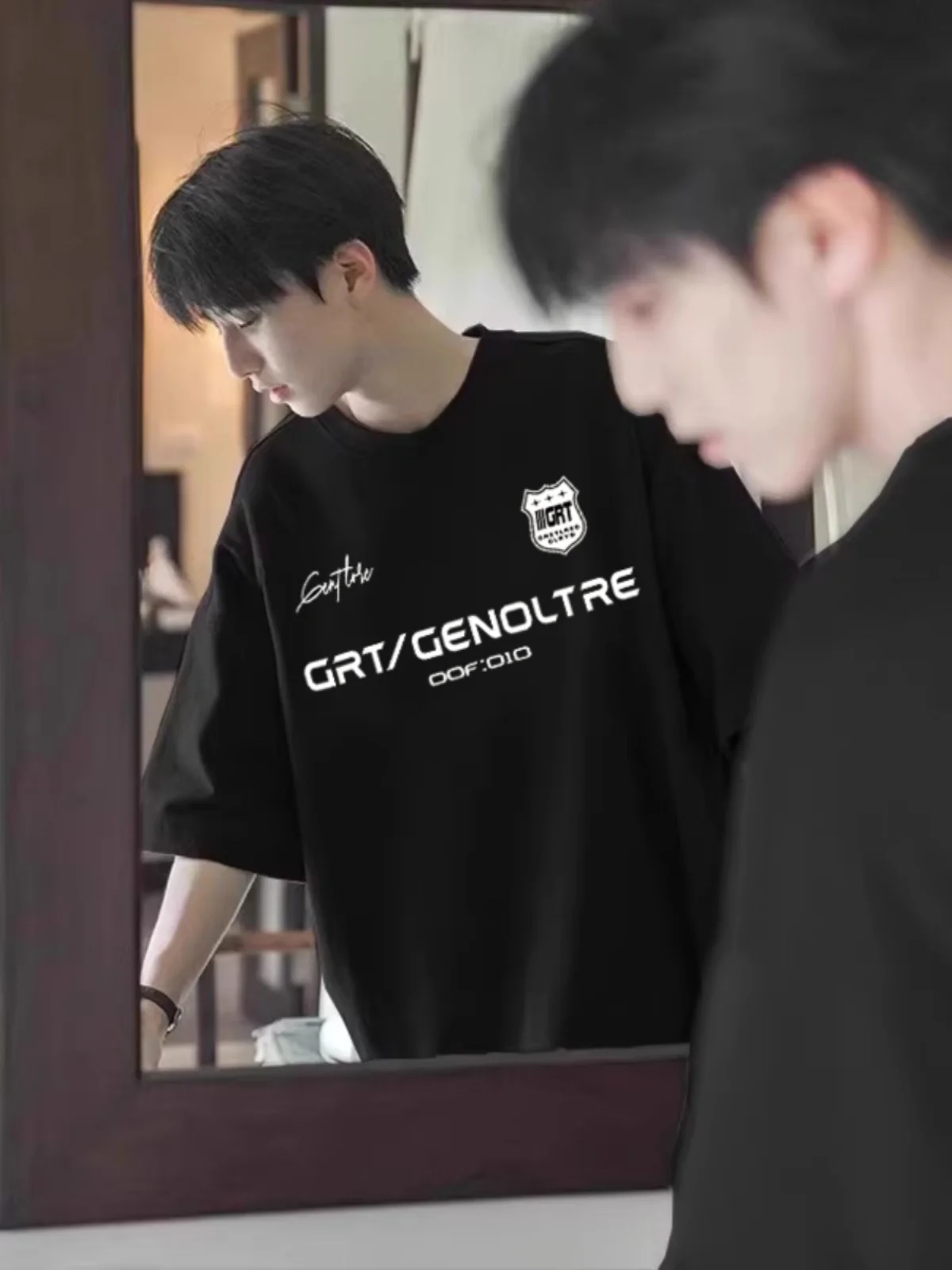 

American Retro Racing T-irt Men's Summer Trendy Brand Small Collar Heavyweight oulder ort Sve Cleanfit High Street H...