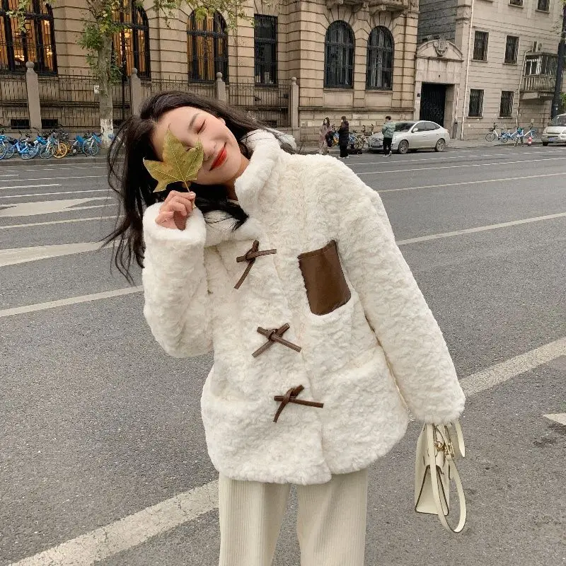 

Women Loose Lamb Fur Coat Female Autumn/Winter Student Mid Length New Bow Cotton Jackets