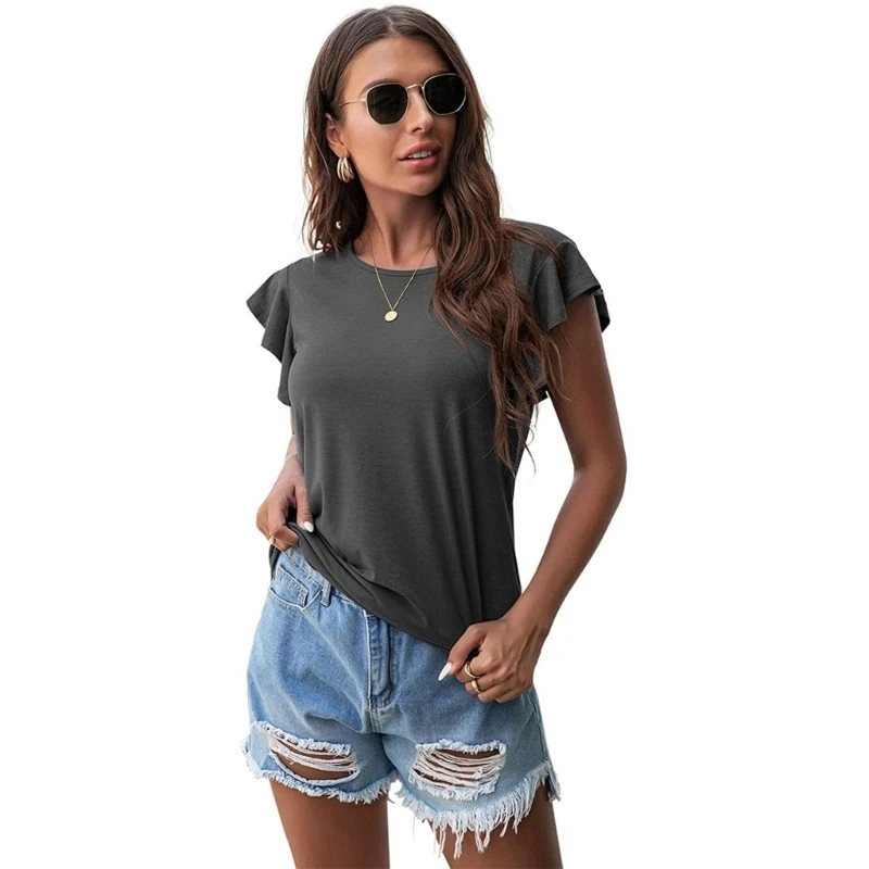 Women Summer Flutter Short Sleeve T-Shirt Casual Loose Crew Neck Plain Tunic Top