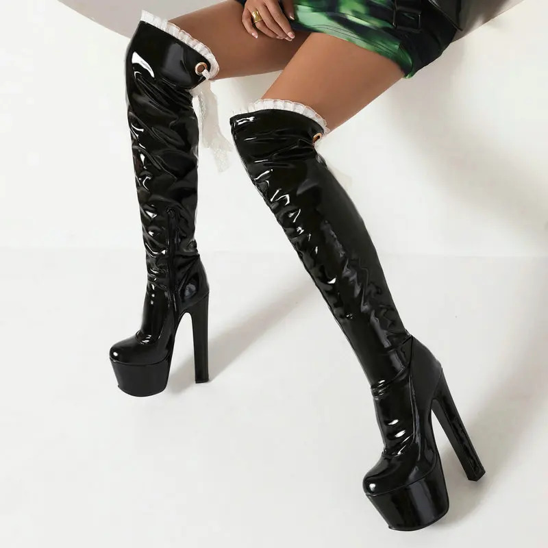 Patent Leather Sexy Stripper Club Extreme High Heels Platform Womens Overknees Thigh Long Over-the-knee Boots With Lace Ruffles