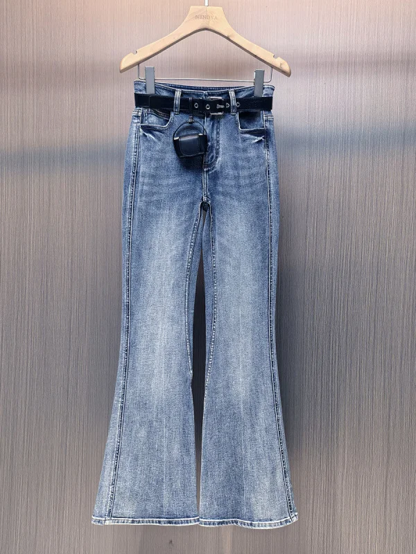 

High Waist Bell Bottom Jeans Women's Slimming Vintage Washed Casual Cotton Blend Zipper Fly Blue Jeans Fashionable Long Pants