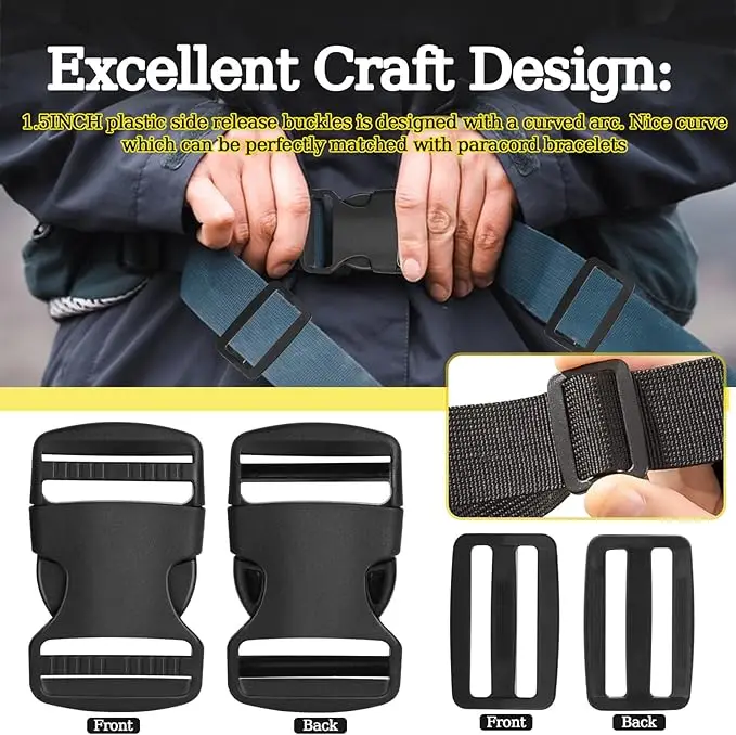 2/5/10 مجموعات 15/20/25/32/38 مللي متر أبازيم بلاستيكية سوداء ضبط الإصدار مشبك لحقيبة حزام حلقة تسلق كليب Tir-Glide المنزلق المشبك