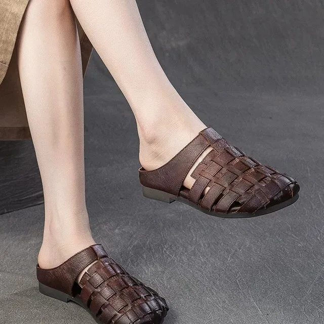 Handwoven Breathable Outerwear Leather Slippers Spain Glas Cowhide Leather Clog Shoes Comfortable Flat Bottom PVC Outsole
