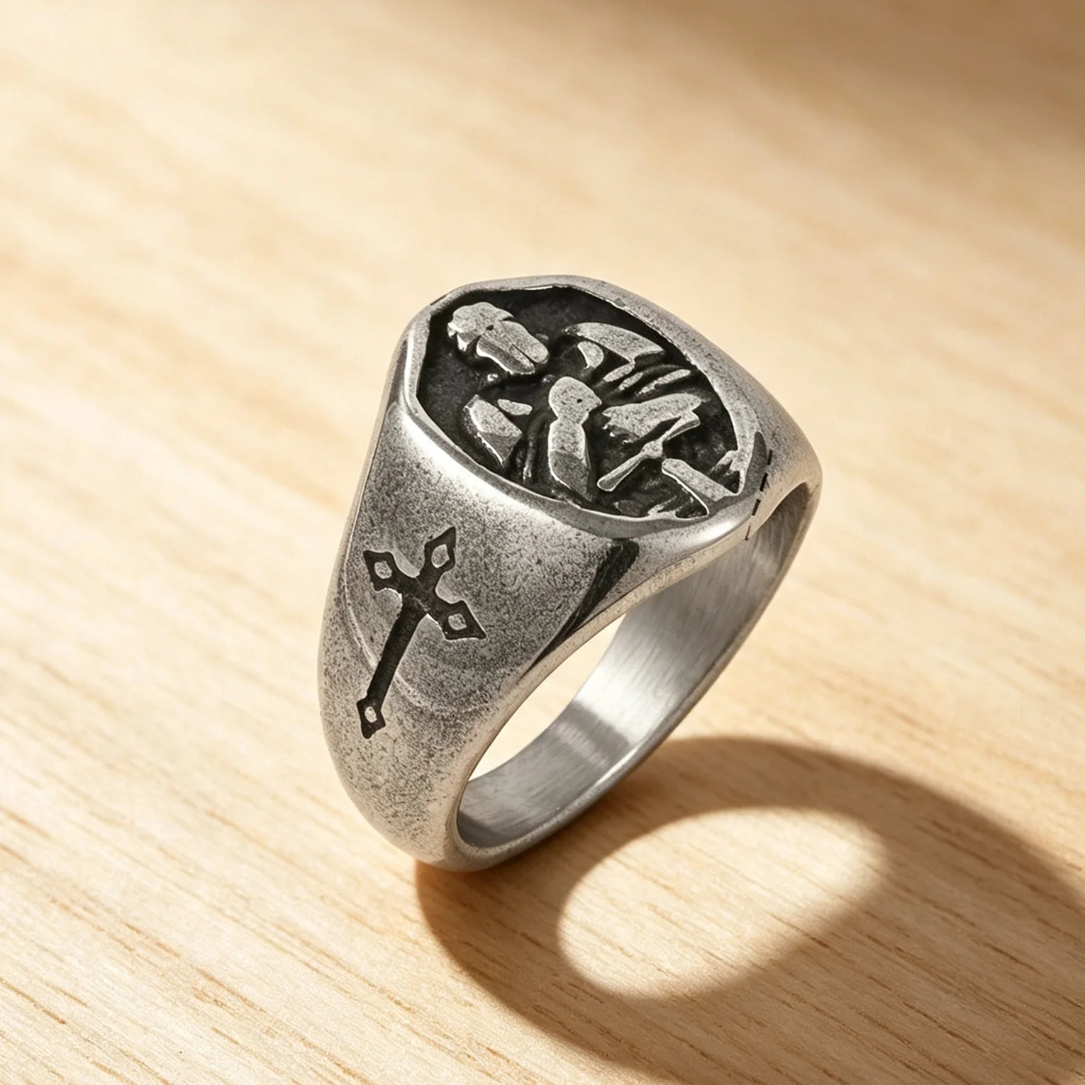 Men Stainless Steel Archangel Michael Signet Ring Vintage Antique Cross Finger Ring Religious Amulet Statement Rings for Male Je