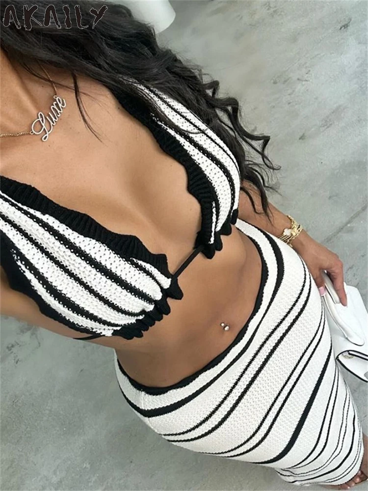 Akaily Summer Black Striped Knitted 2 Piece Set Beach Party Outfits For Women 2024 Deep V-Neck Backless Vacation Long Skirt Set