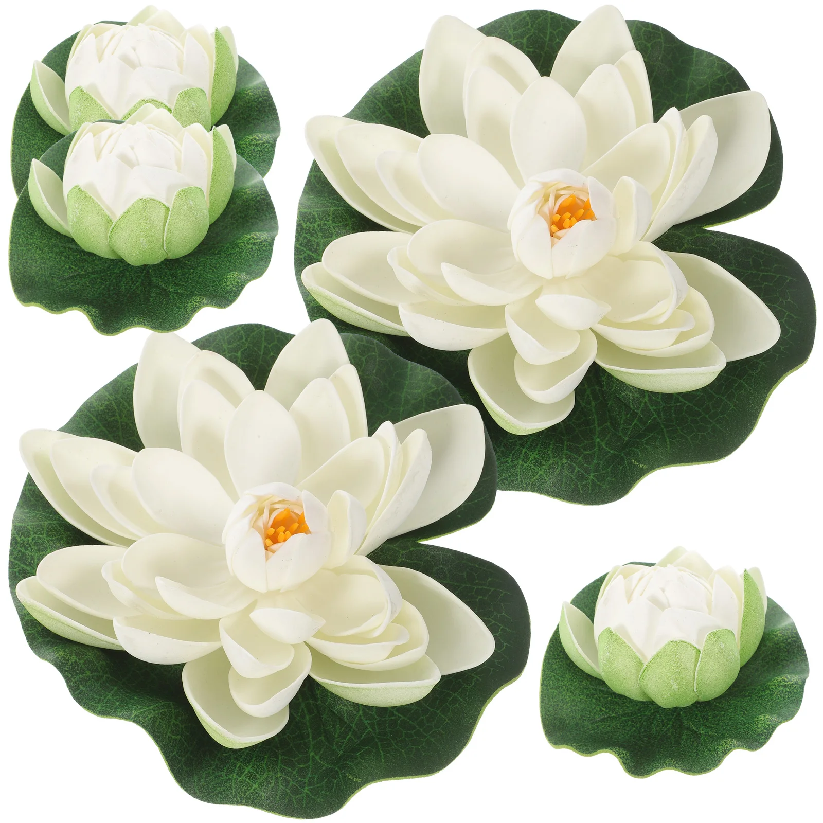 

5pcs Artificial Floating Lotus Pond Plants Simulated Water Lilies Decor White Flowers Deep Green Leaves Lifelike Pool Outdoor