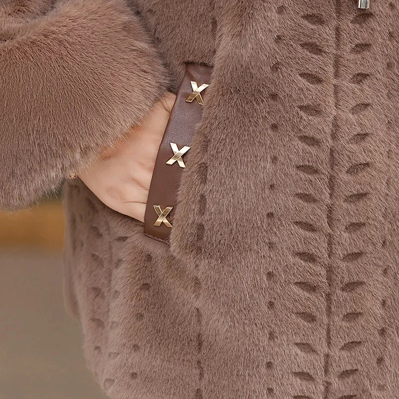 Middle-Age Women Faux Fur Coat Thicken Mink Fur Short Jacket Fox Fur Collar Outerwear Female Fashion Fur Jackets Autumn Winter