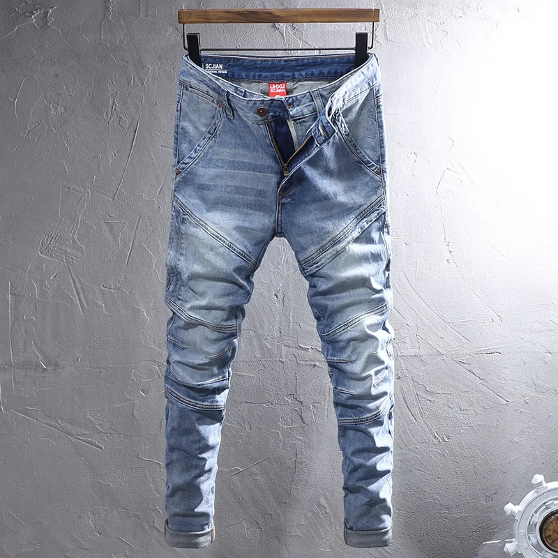 2025 Spring New Motorcycle Splicing Jeans Men's Slim Fit Small Feet Elastic Retro Grinding White Casual Pants
