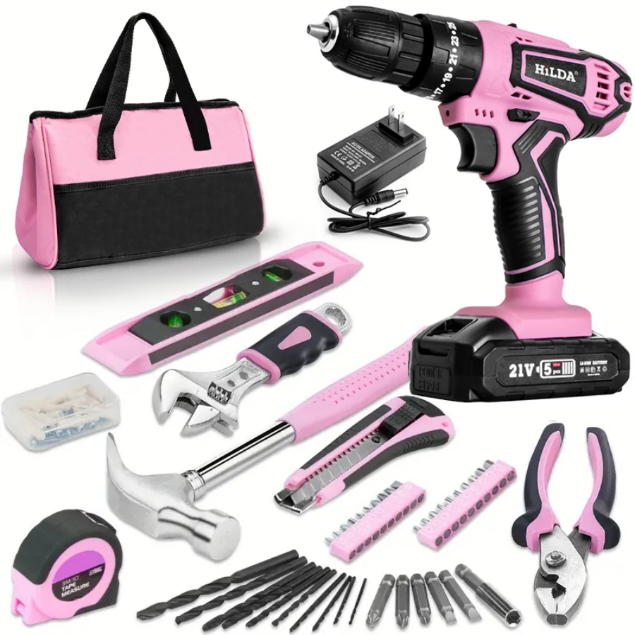 HILDA 21V Pink Drill Electric Drill Electric Screwdriver  Cordless Drill Mini Wireless Power Tools Lithium-Ion Battery