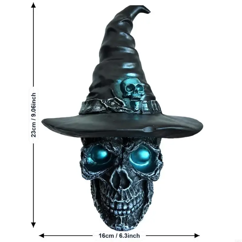 Skull in a Tall Pointed Hat with Black and Blue-Gray Coloring for Dark Halloween Shelf, Cabinet, Entryway, and Window